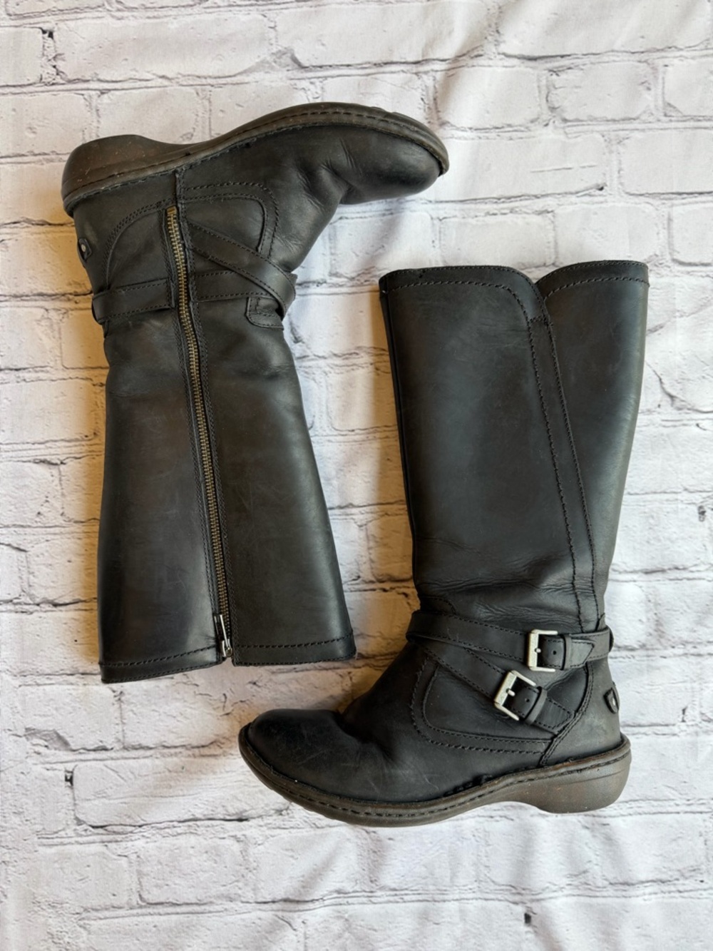 Ugg Leather Moto Tall Leather Boots Womens 7 Fleece Lined Black S/N 1005450